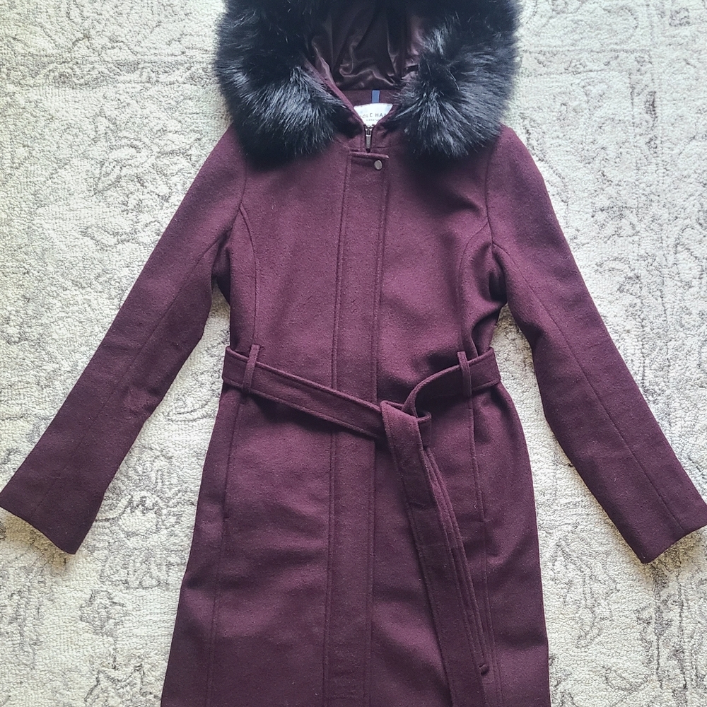 Cole Haan Slick Wool Coat Hooded Belted Lined Long Burgandy